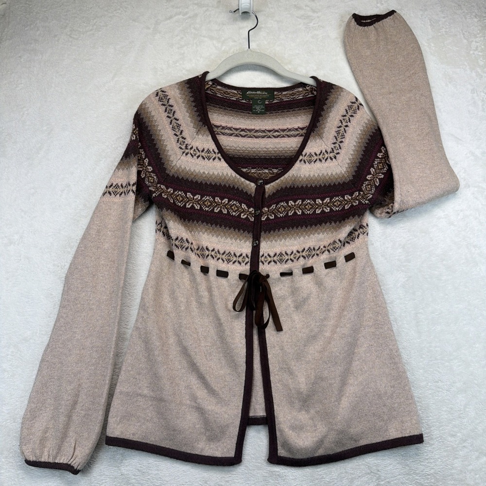 Eddie Bauer Women's Fair Isle Cardigan Sweater Merino Wool Blend Tie Front M